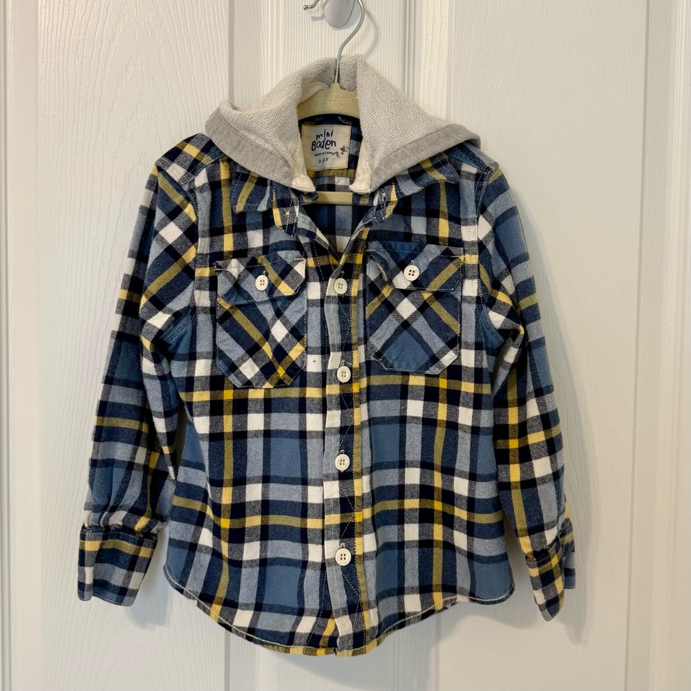 Mini Boden Blue and Yellow Plaid Button Down flannel Shirt with fleece hoodie.